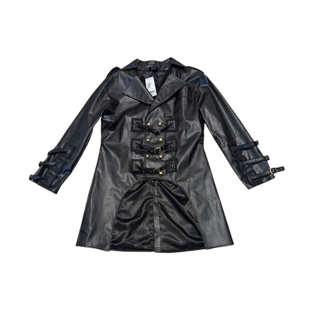 Black Vegan Leather Steampunk Trench Coat Belted Jacket Pirate Dressing PUBG